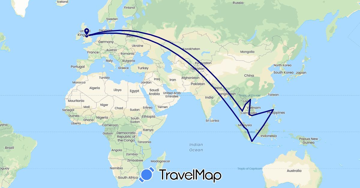 TravelMap itinerary: driving in Brunei, United Kingdom, Indonesia, Cambodia, Laos, Malaysia, Philippines, Singapore, Thailand, Vietnam (Asia, Europe)